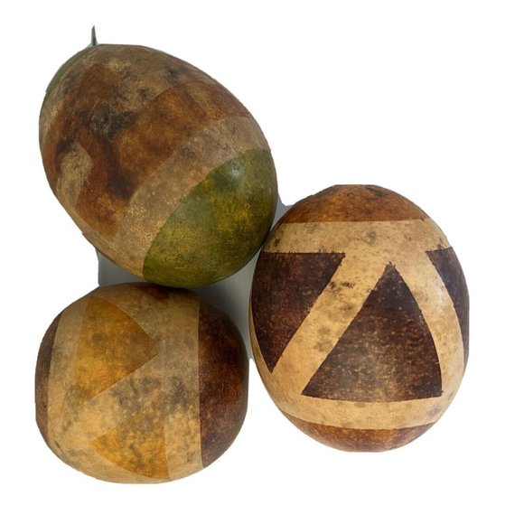 African Antique Hand Painted Natural Gourds Decorative Geometric Pattern Set / 3 - Picture 13 of 16